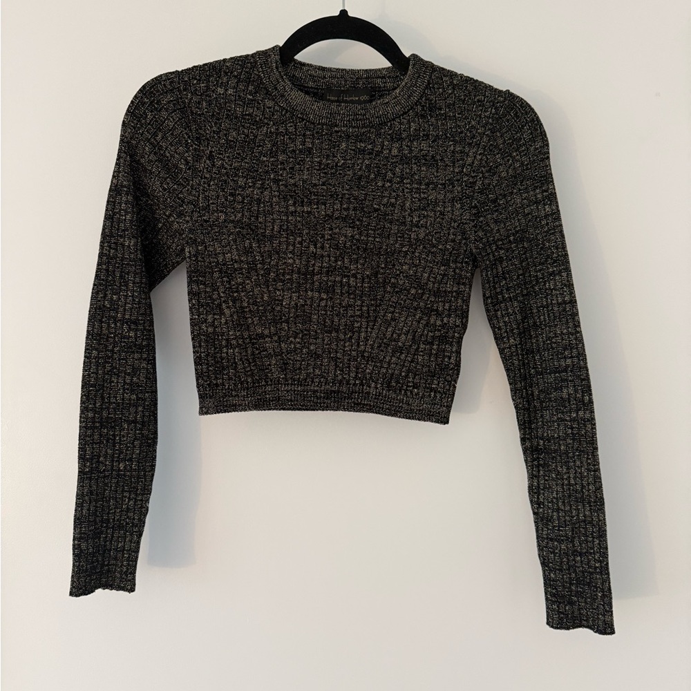 House of Harlow 1960Women’s Crewneck Ribbed Long-Sleeve Crop Top - Black/Gold